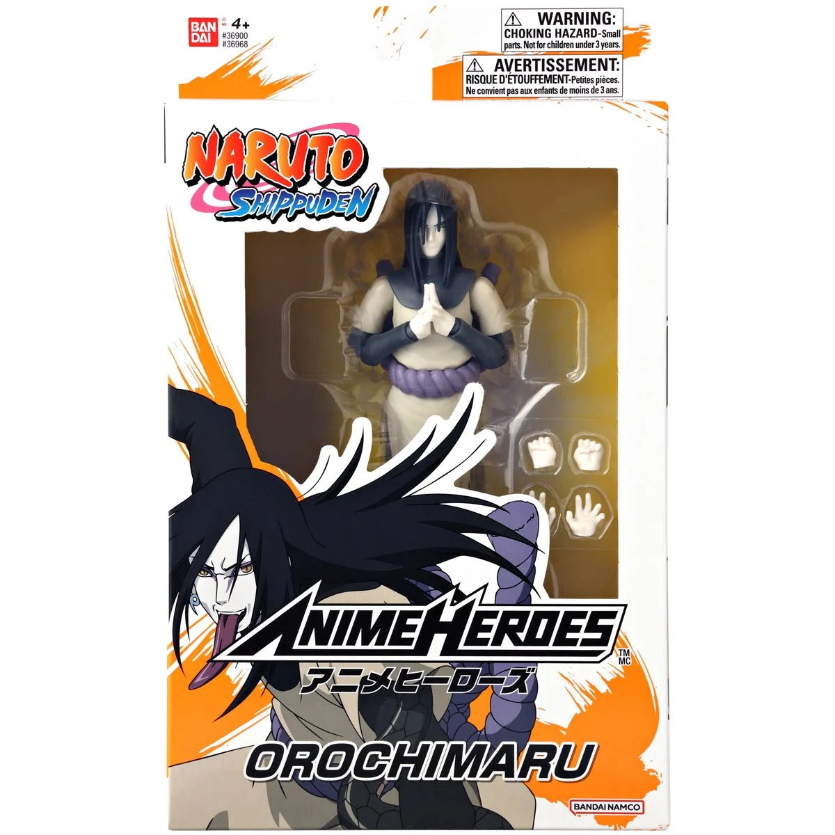 Anime Heroes NARUTO Orochimaru action figure in packaging, showcasing detailed design and multiple accessories.