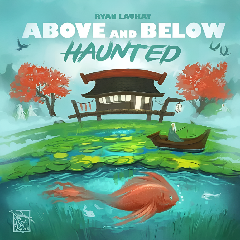 Artwork for the board game Above and Below Haunted, featuring a serene landscape with a haunted house, a boat, and a koi pond.