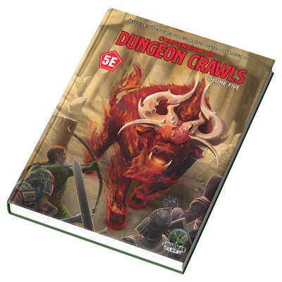 D&D 5E Compendium of Dungeon Crawls Volume 5 features a fiery creature and adventurers in a dungeon setting.