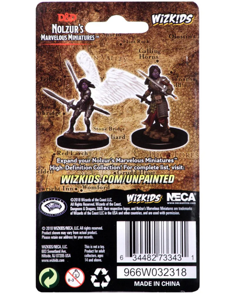 Unpainted miniatures of a female Aasimar Paladin from Dungeons & Dragons, featuring two poses with swords.