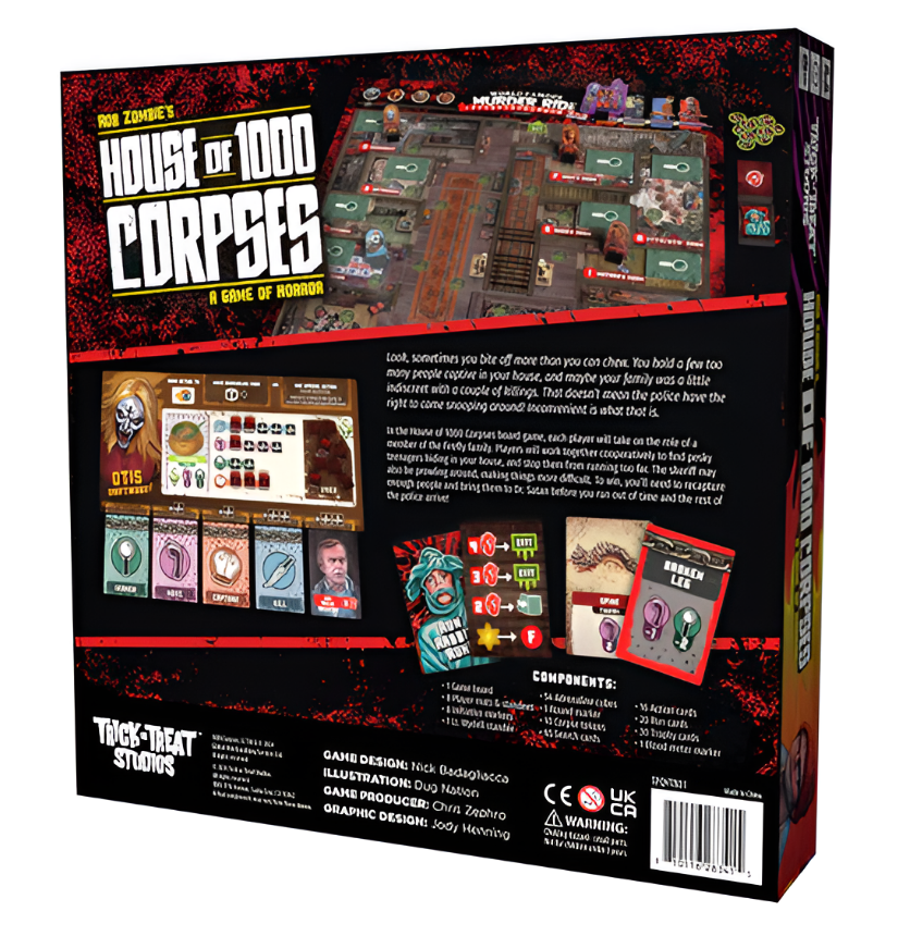 Back cover of House of 1000 Corpses board game, showcasing game components, artwork, and gameplay details for preorder.