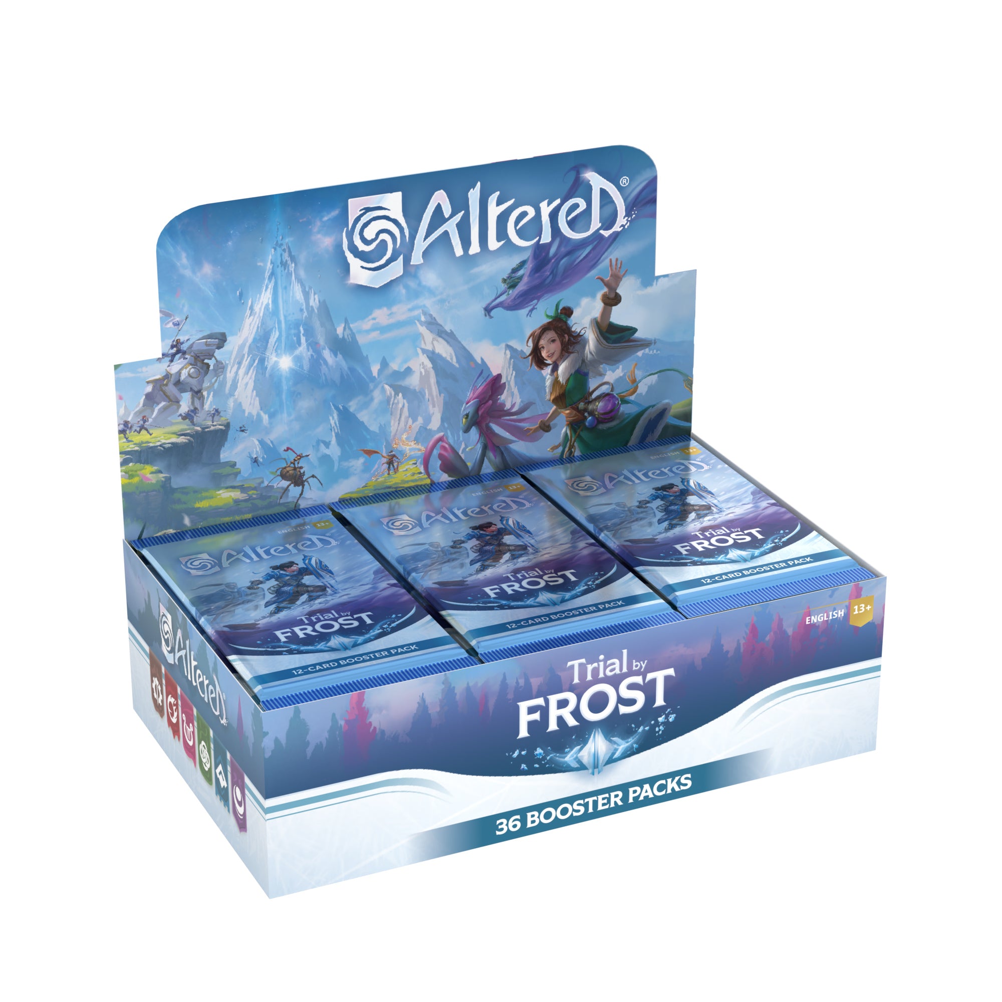 Booster box for Altered TCG: Trial by Frost featuring 36 booster packs, showcasing vibrant artwork and fantasy themes.