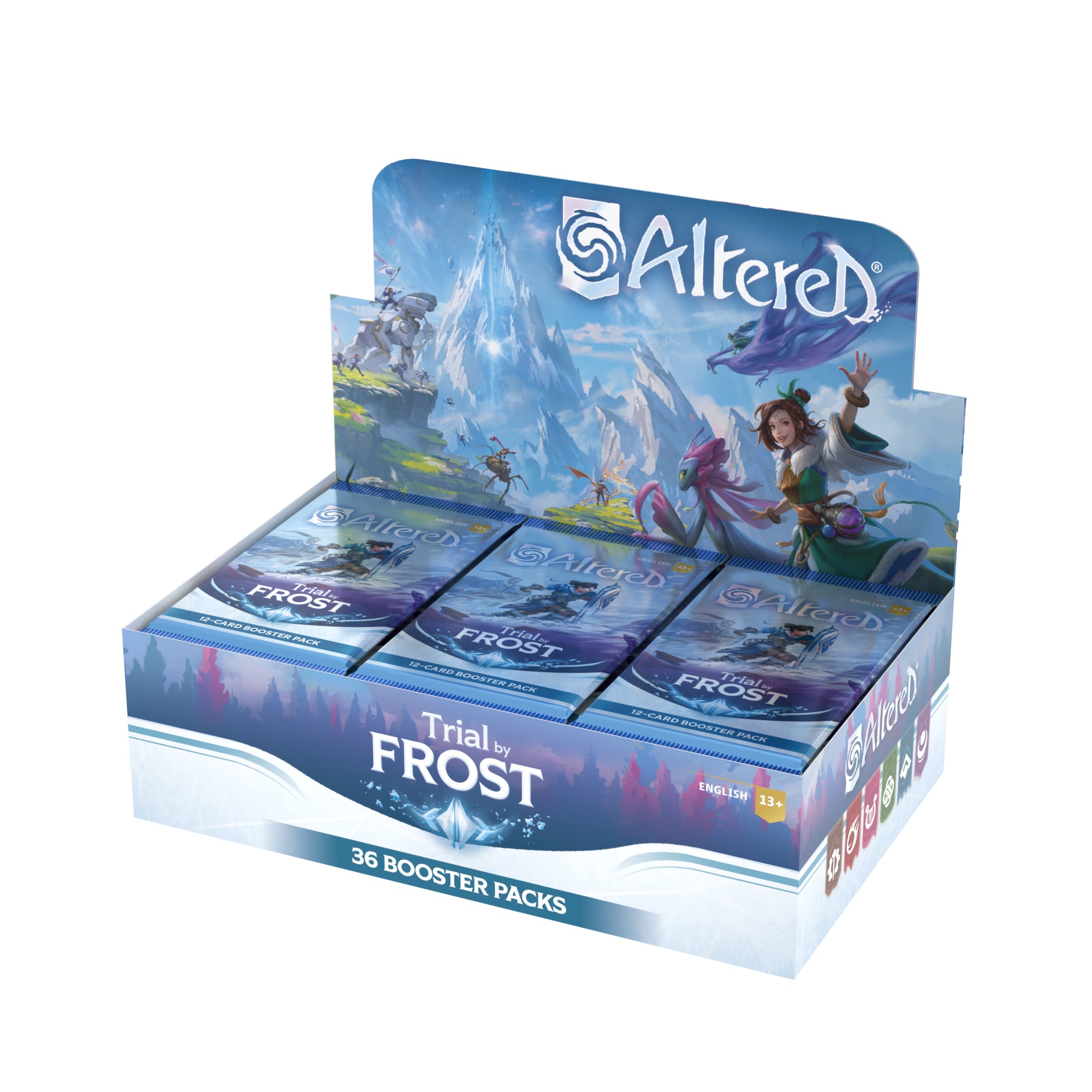 Display of Altered TCG: Trial by Frost booster box featuring 36 booster packs, showcasing fantasy artwork and vibrant colors.