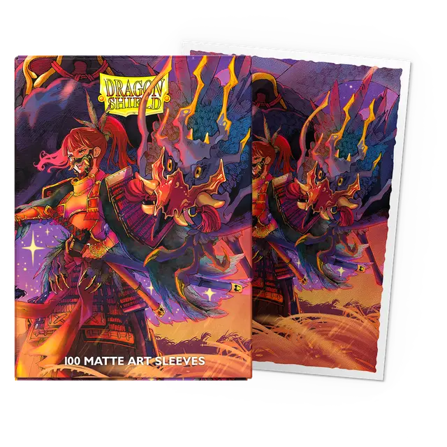 Dragon Shield Japanese Artist Series 2 The Fallen card sleeves featuring vibrant artwork of a warrior and dragon, 100 count.