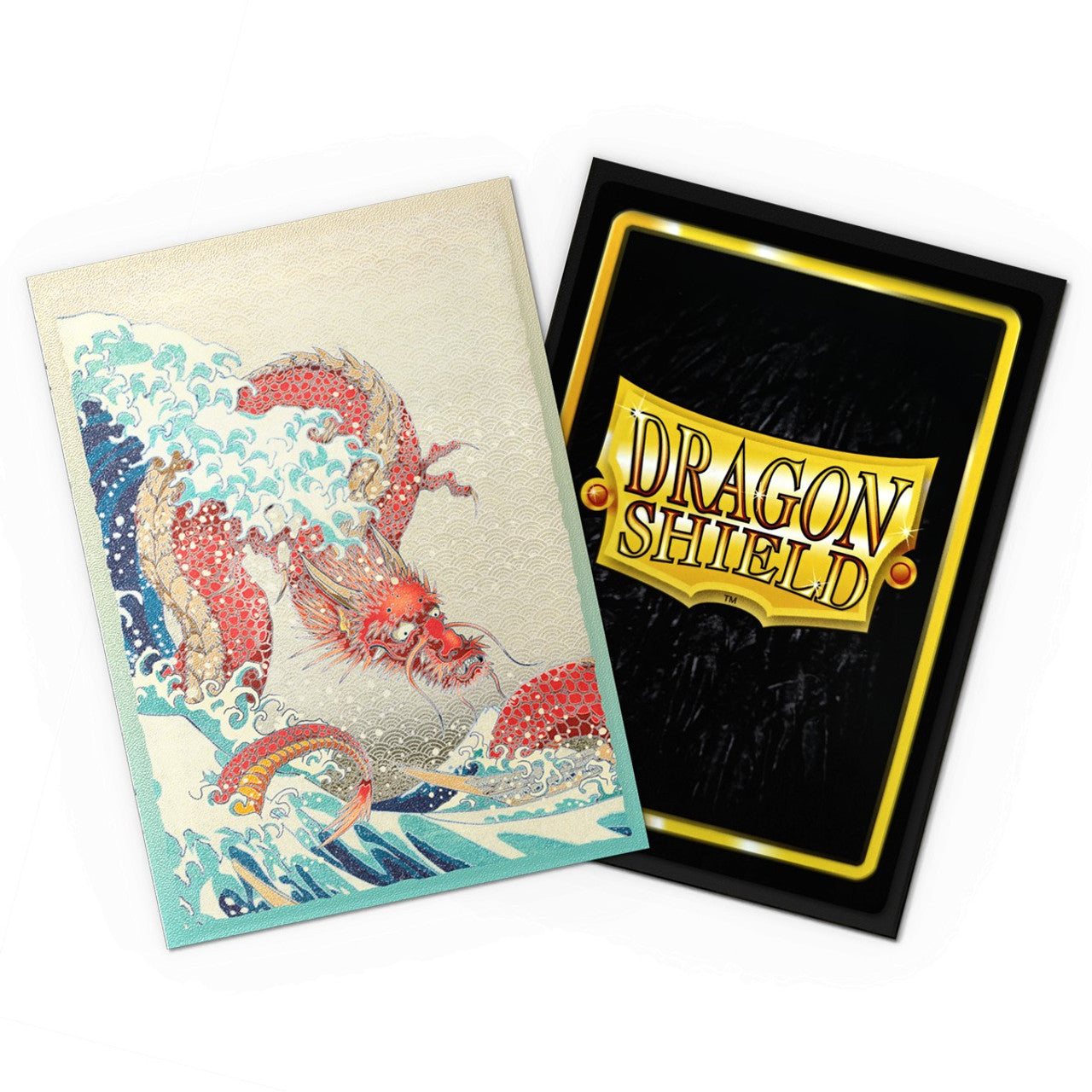 Matte dual art card sleeves featuring a red dragon and wave design, packaged for card protection and style.