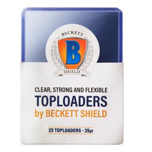 Clear Beckett Shield toploaders, 35pt thickness, 25-count pack for protecting trading cards and collectibles.
