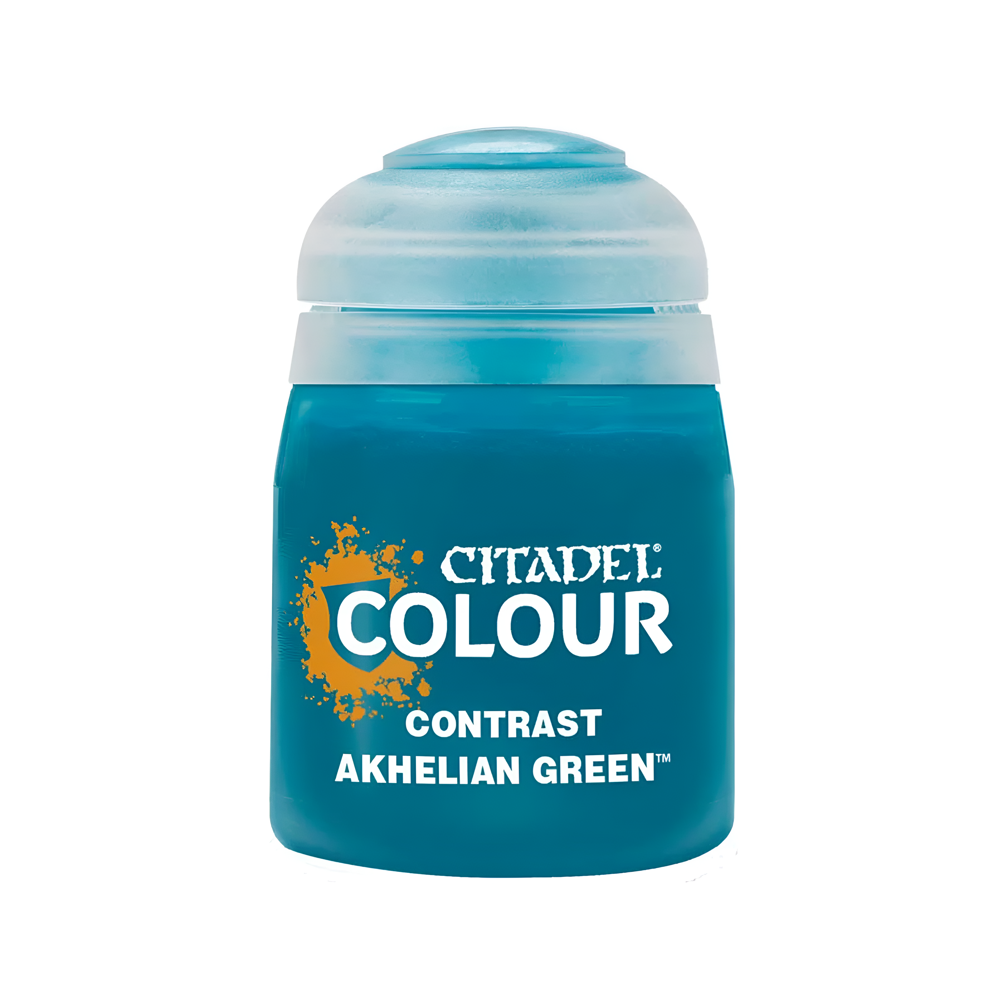 Citadel Contrast paint in Akhelian Green, 18ml container, featuring a blue-green color ideal for miniature painting.
