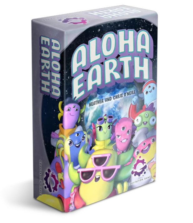 Colorful box of Aloha Earth board game featuring cartoonish alien characters, designed for fun and strategy gameplay.