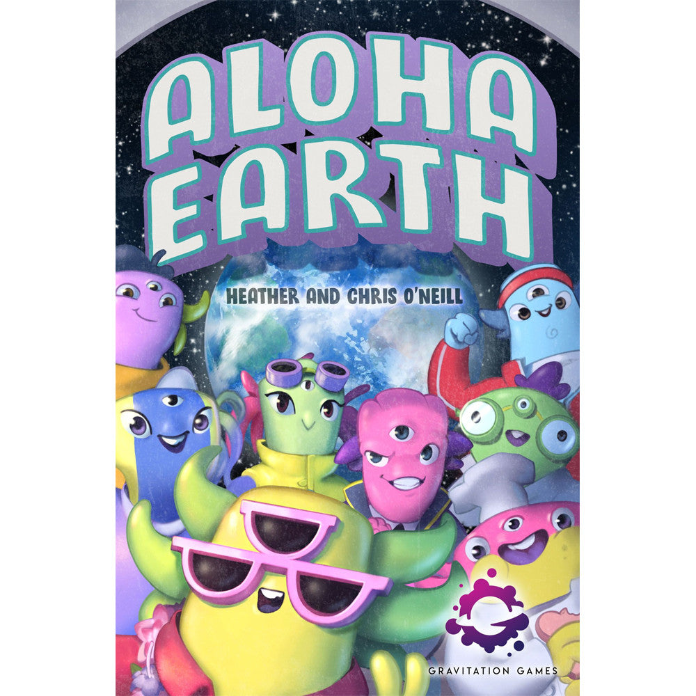 Colorful cover of Aloha Earth board game featuring cartoon characters with playful expressions, set against a cosmic background.
