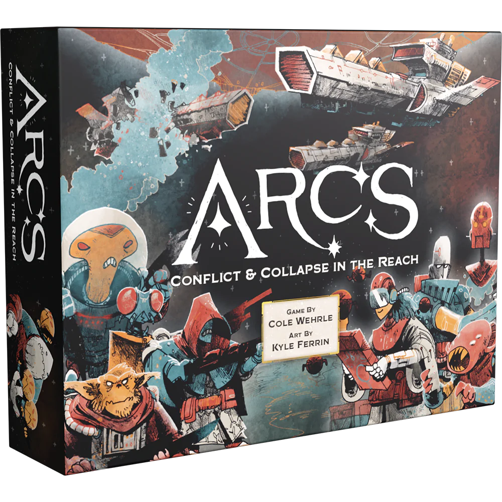 Box cover of the board game "Arcs," featuring colorful illustrations of space battles, characters, and ships.