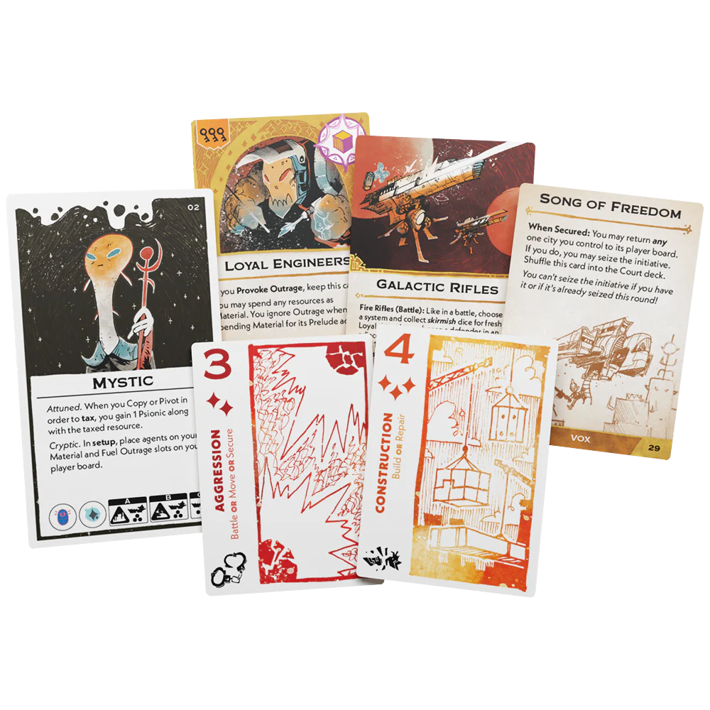 A collection of game cards from Arcs, featuring various designs and illustrations, including Mystic, Loyal Engineering, and Galactic Rifles.
