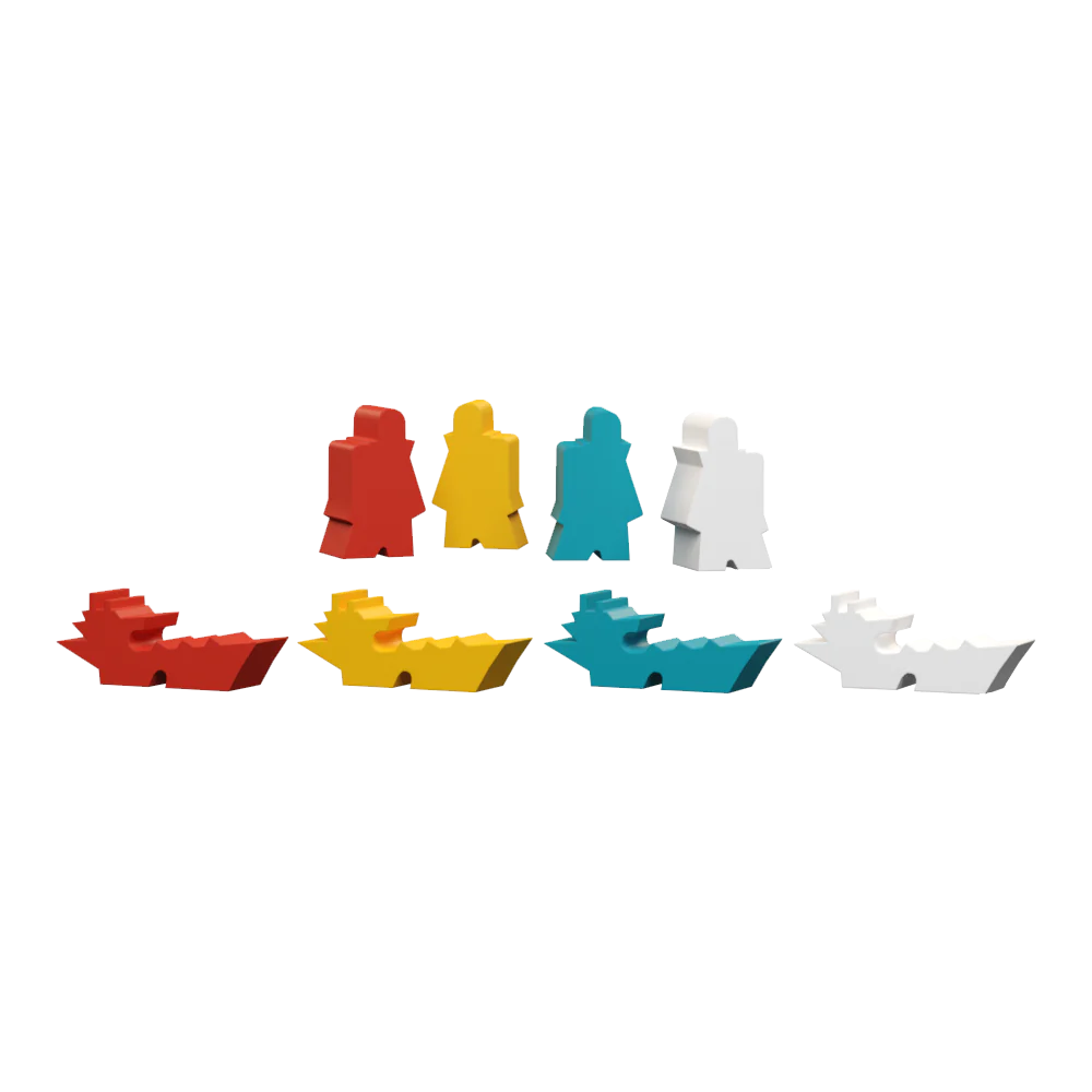 Colorful game pieces in the shape of ships for the board game Arcs, featuring red, yellow, white, teal, and blue designs.