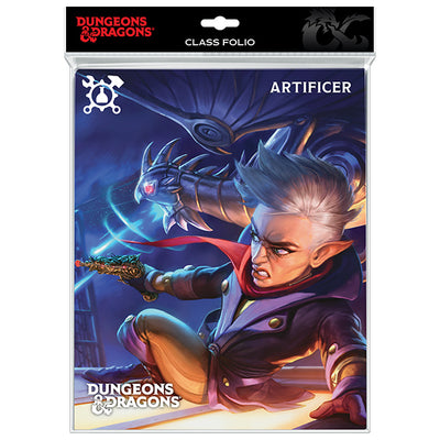 Dungeons and Dragons Artificer class portfolio featuring a character wielding a gadget with a mechanical dragon in the background.