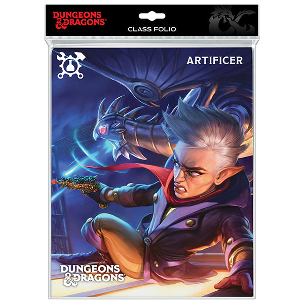 Dungeons and Dragons Artificer class portfolio featuring a character wielding a gadget with a mechanical dragon in the background.