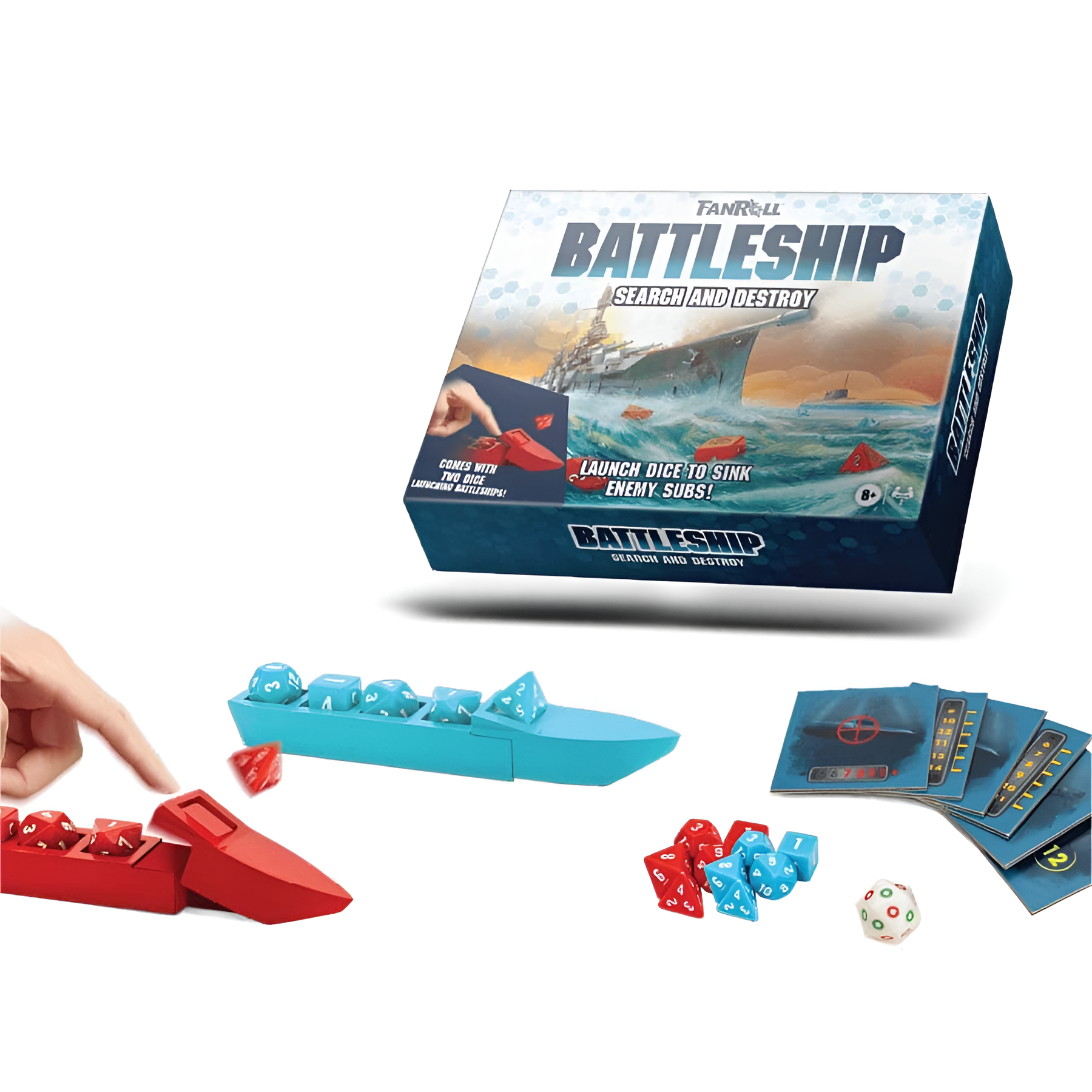 Fanroll Battleship Search and Destroy game box with red and blue ships, dice, and game cards for strategic gameplay.