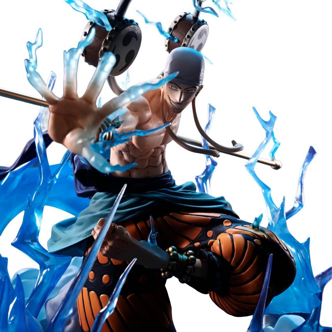 Eneru from One Piece in a dynamic pose, surrounded by blue lightning effects, showcasing intricate details and vibrant colors.