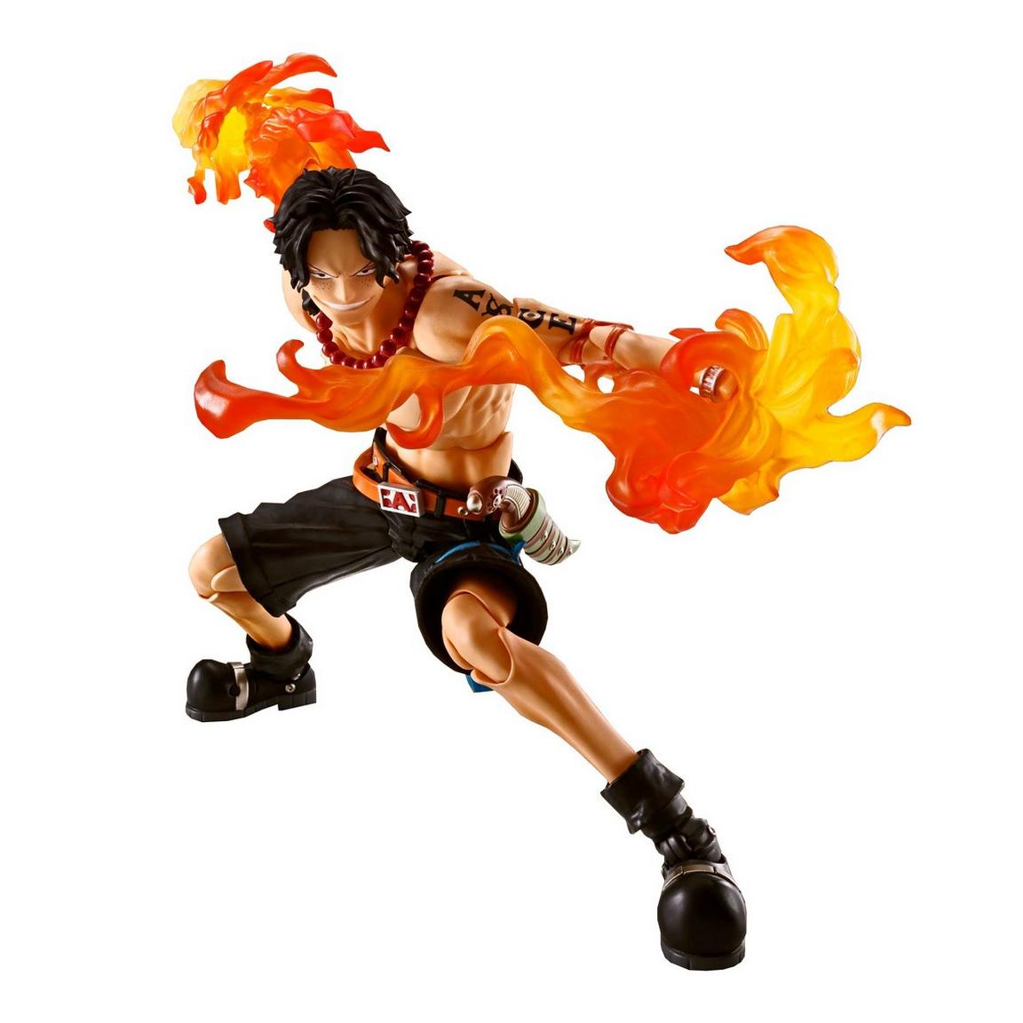 Portgas D. Ace action figure from One Piece, featuring dynamic pose with flames, showcasing detailed sculpt and vibrant colors.