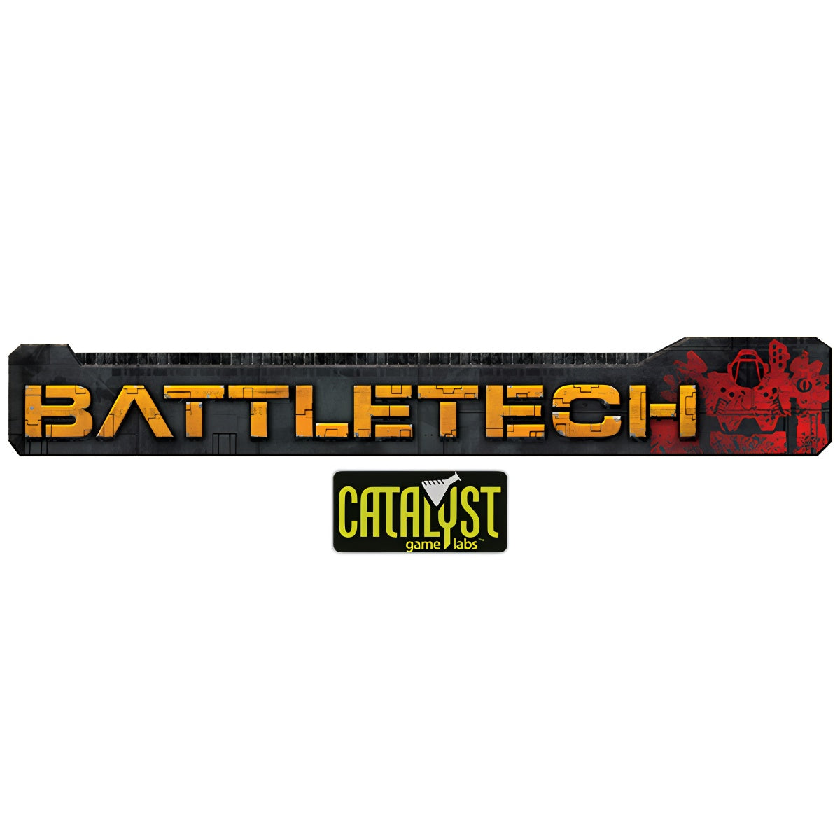 BattleTech logo featuring bold yellow lettering on a textured gray background, with the Catalyst Game Labs logo below.