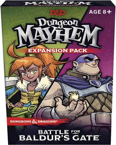 Dungeons & Dragons: Dungeon Mayhem Battle for Baldur's Gate expansion pack featuring colorful character artwork on the box.