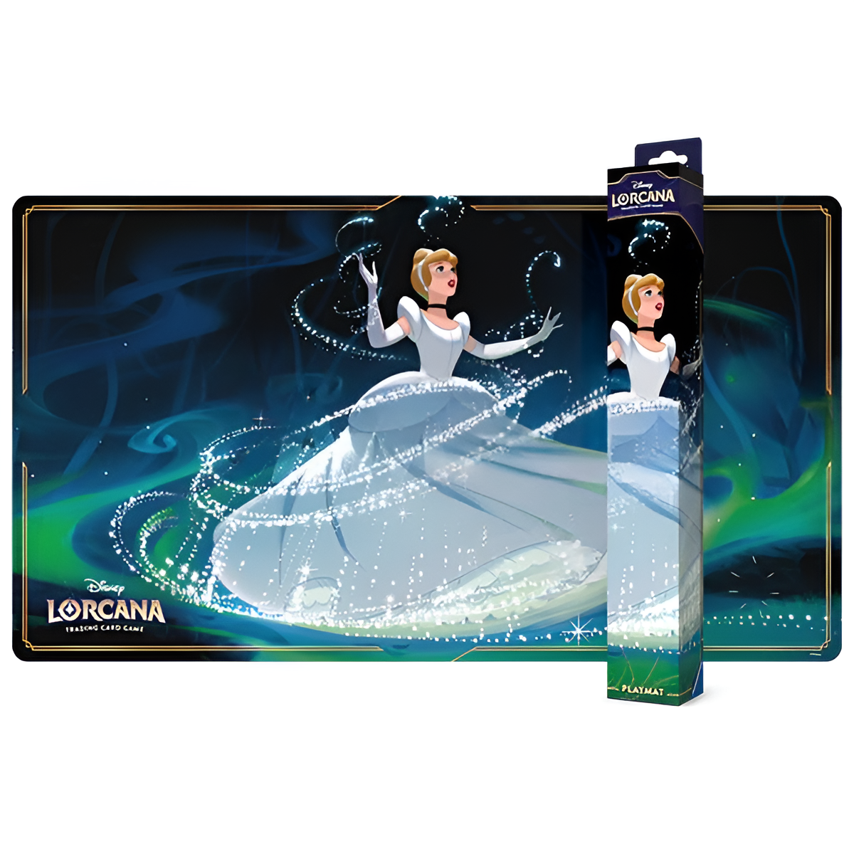 Disney Lorcana Fabled playmat featuring Cinderella casting a spell, with a vibrant blue and green background. Preorder now.