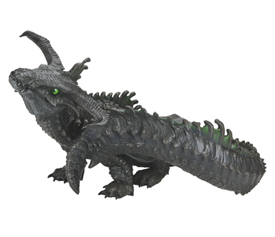 Black Dragon Wyrmling foam figure, featuring detailed scales, horns, and glowing green eyes, ideal for D&D enthusiasts.