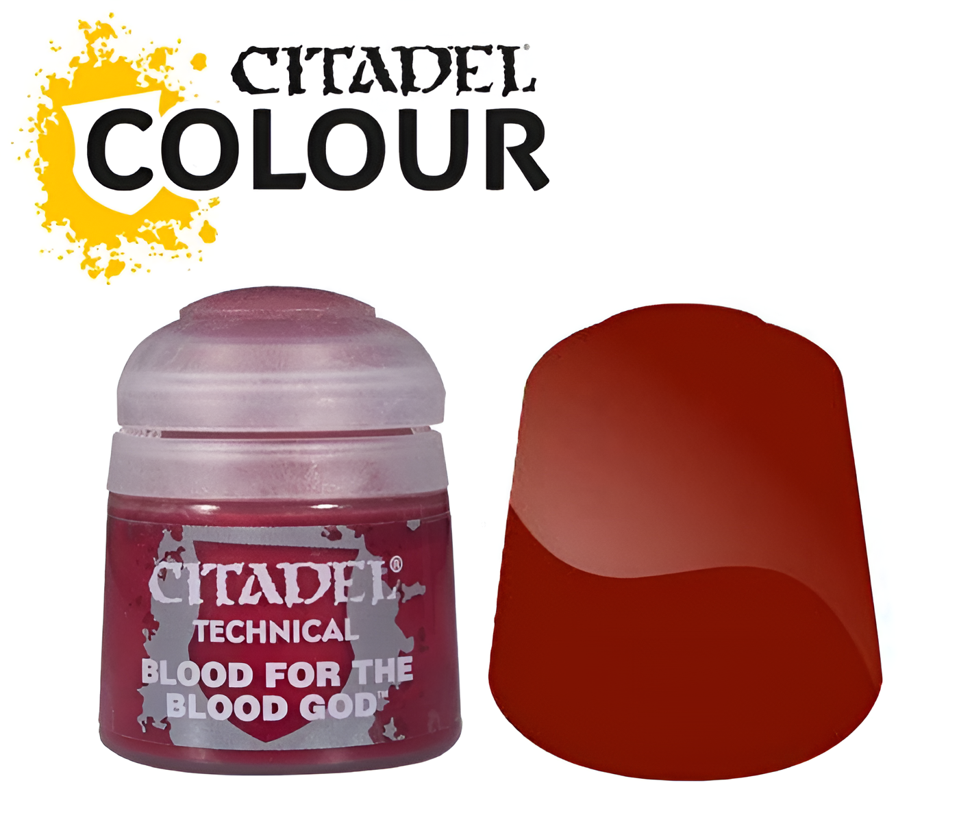 Citadel Layer paint in Blood For The Blood God, 12ml jar with a rich, glossy red color swatch.