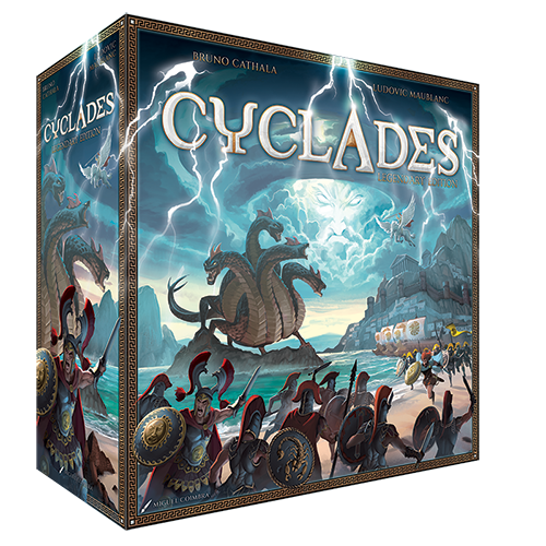 Cyclades Legendary Edition board game box featuring mythical creatures and ancient warriors on a stormy coastline.