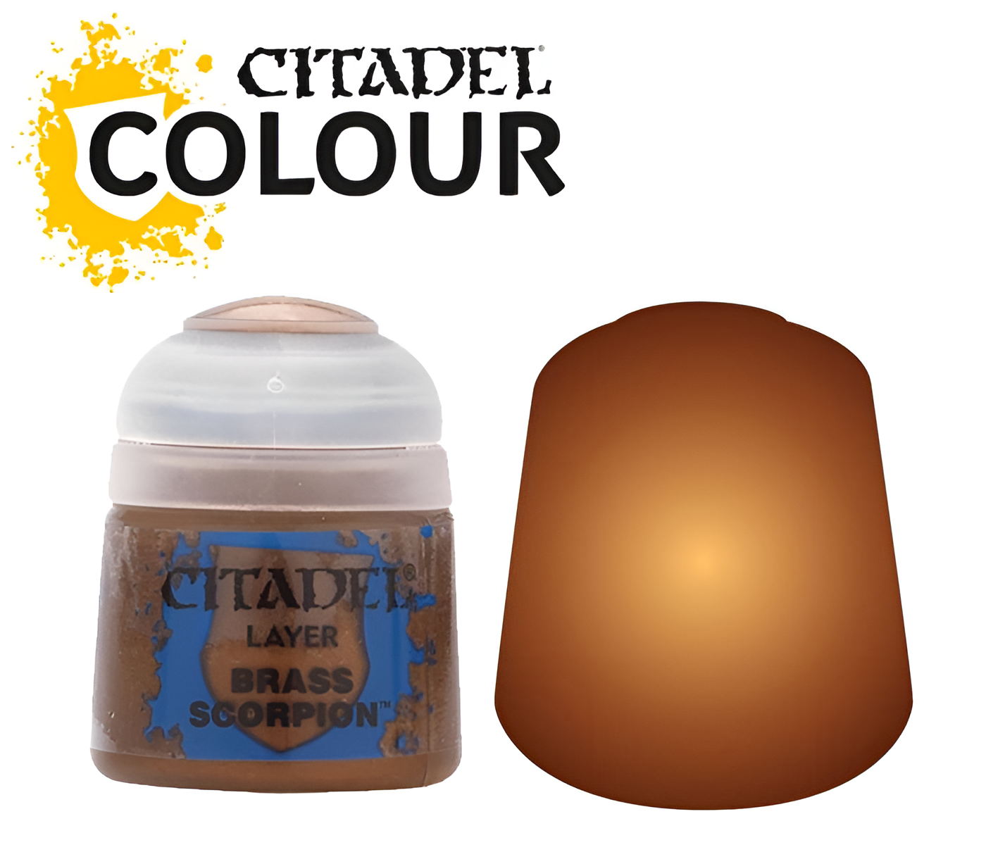 Citadel Layer Brass Scorpion paint (12ml) in a round container, featuring a brown color swatch beside it.