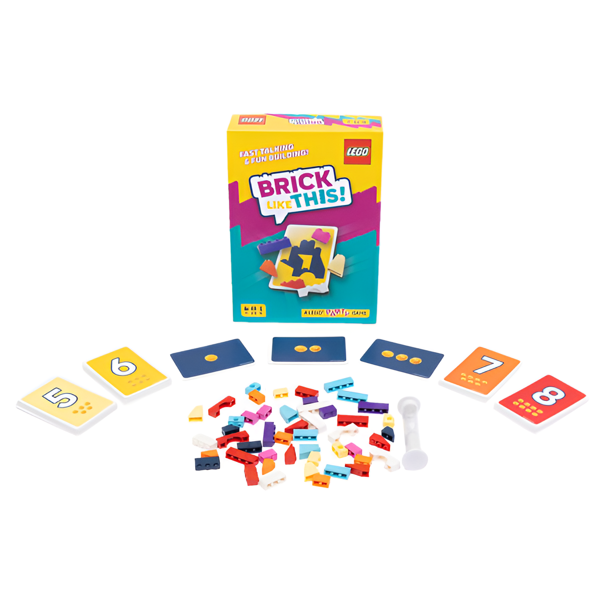Colorful game components for "Brick Like This" include cards and various LEGO-like bricks, arranged around the box.