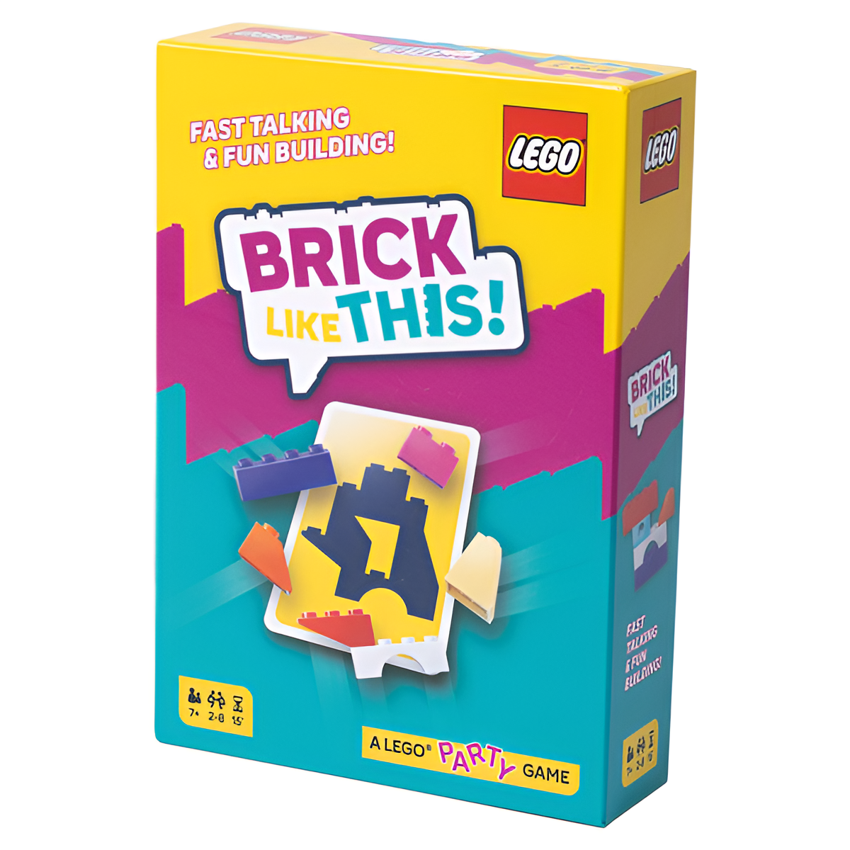 Colorful box of the LEGO party game "Brick Like This," featuring fast-paced building and talking elements.