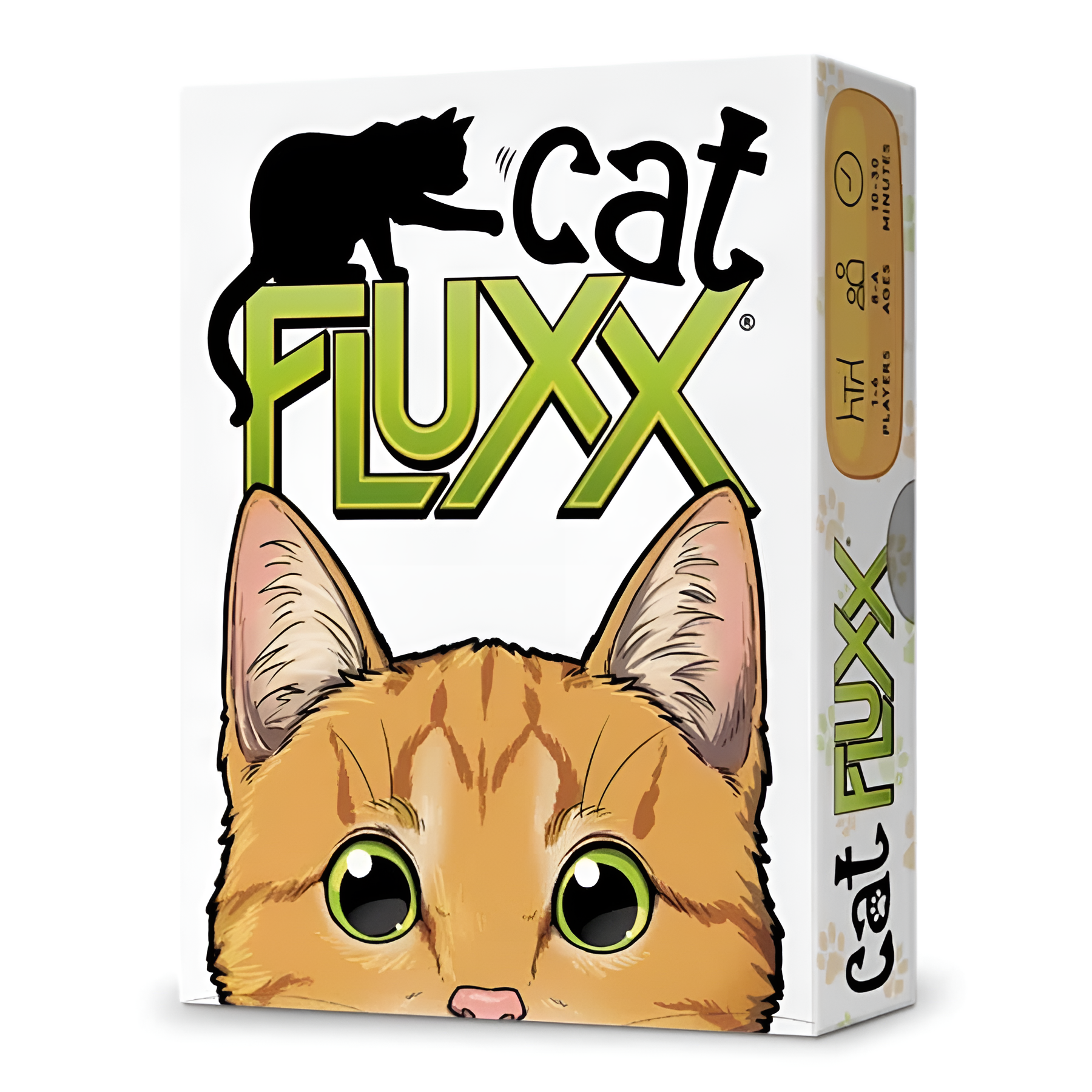 Cat Fluxx board game box featuring an illustrated orange cat face and playful typography. Ideal for cat lovers.