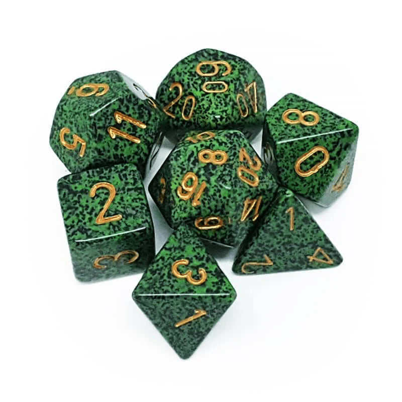 Chessex Speckled Poly Recon 7ct dice set featuring green speckled design with gold numbers for tabletop gaming.