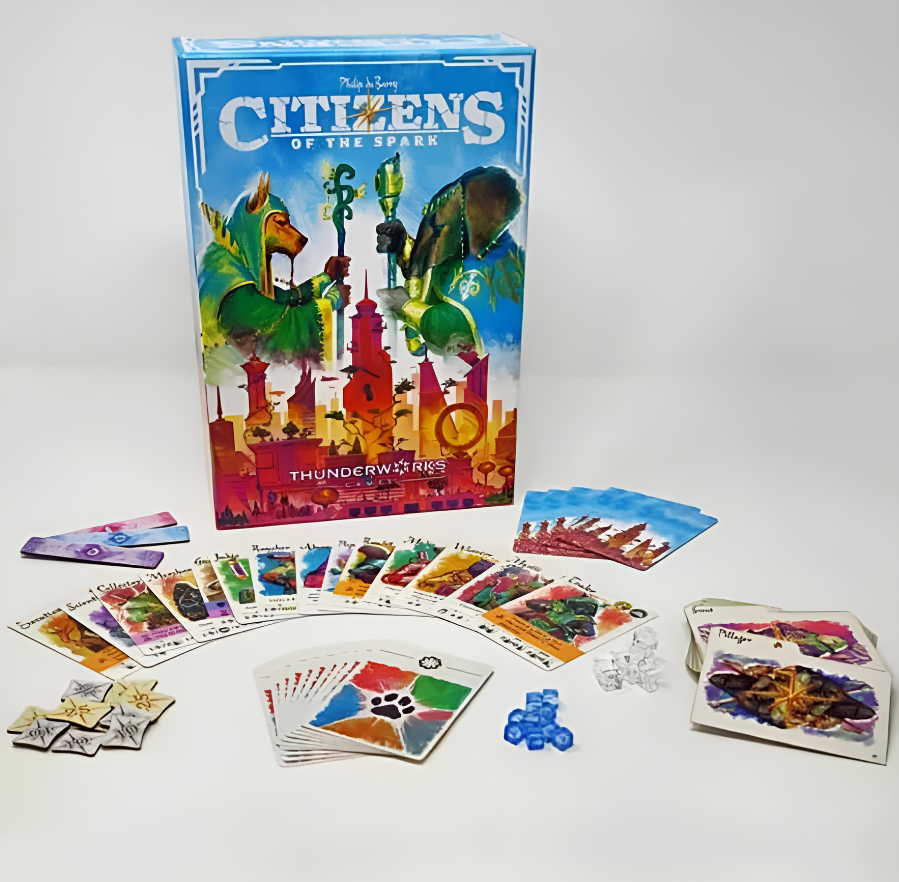 Citizens of the Spark board game box with cards, tokens, and miniatures arranged around it, showcasing vibrant artwork.