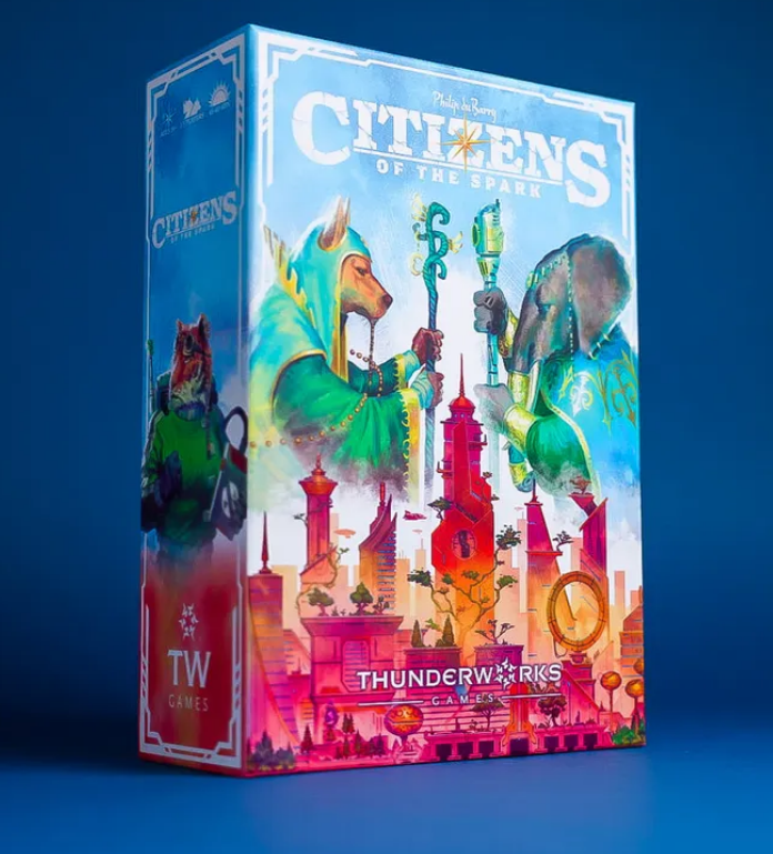 Colorful game box for "Citizens of the Spark" featuring vibrant artwork of anthropomorphic characters and a fantasy cityscape.
