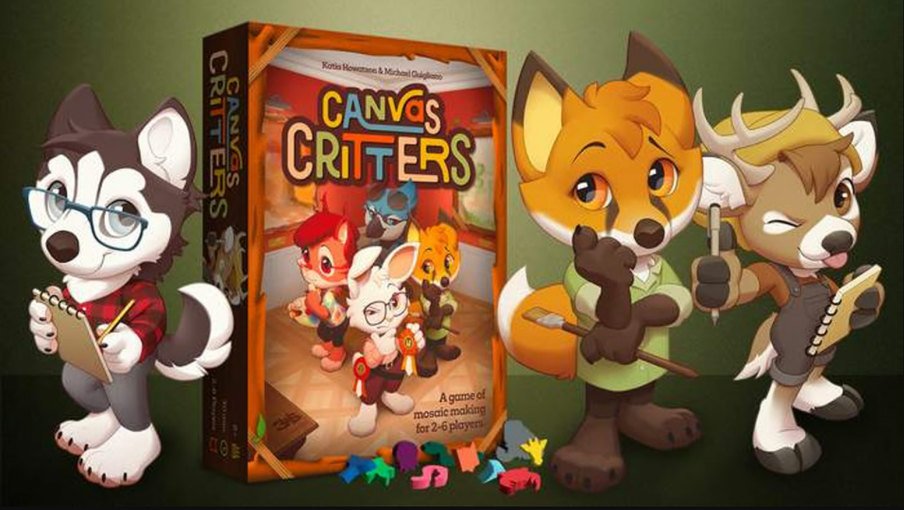 Colorful box of Canvas Critters game featuring adorable animal characters holding art supplies, designed for 2-5 players.