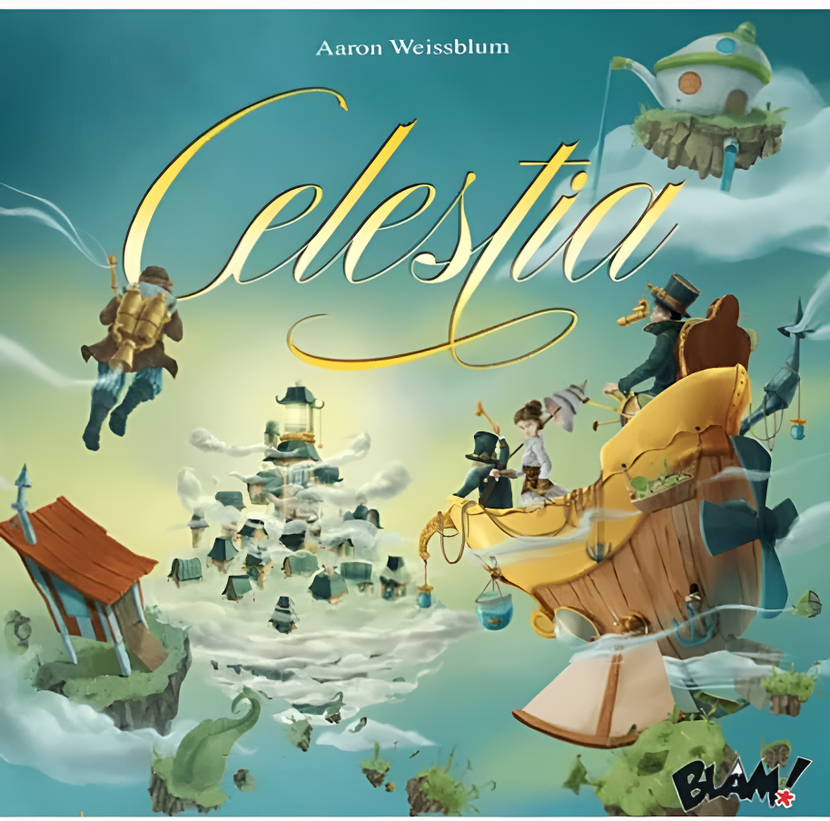 Colorful game box for Celestia featuring whimsical airships and floating islands, designed by Aaron Weissblum.