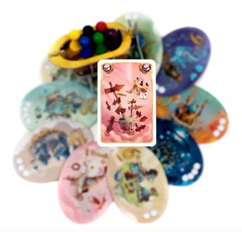 Colorful game components of Celestia board game with a central card featuring whimsical artwork and various tokens.