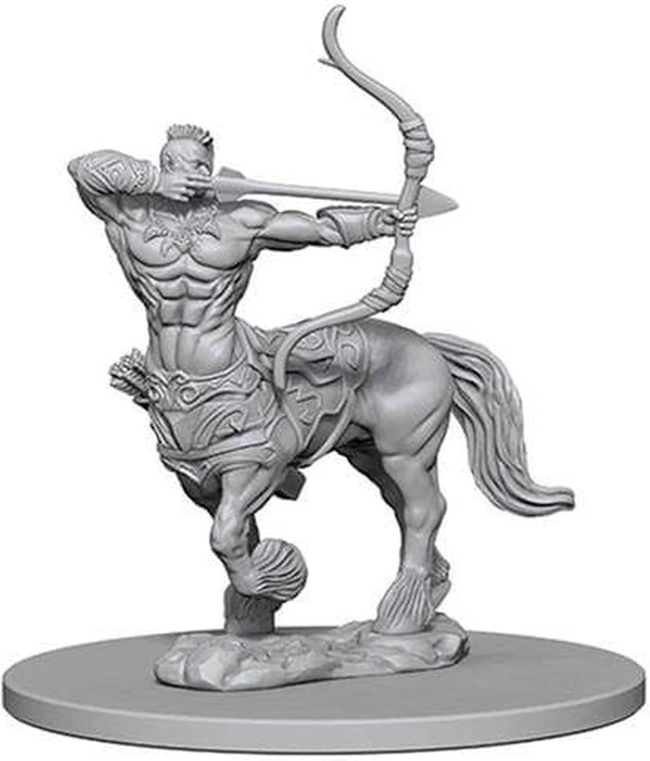 Unpainted miniature of a centaur archer from Dungeons & Dragons, featuring detailed muscular features and a bow.