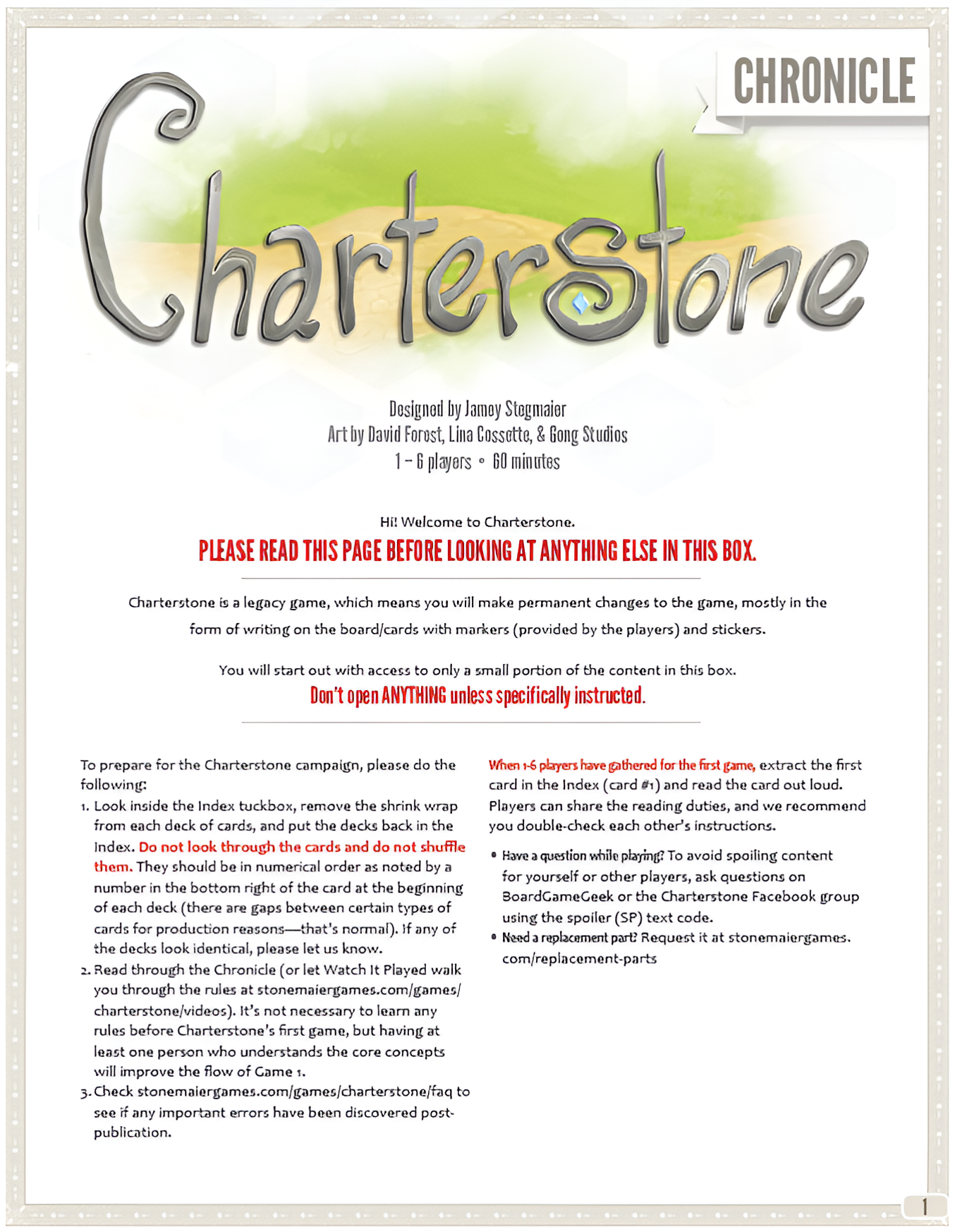 Instruction page for Charterstone board game, detailing setup, gameplay, and player responsibilities.