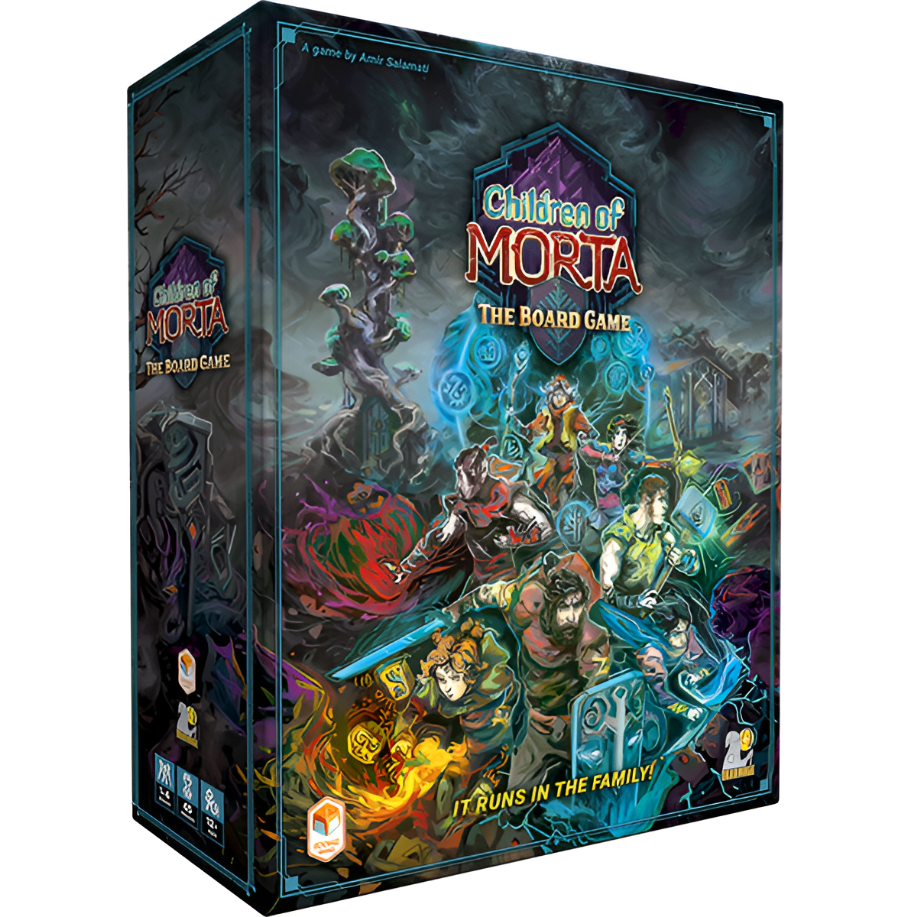 Children of Morta: The Board Game box featuring colorful artwork of characters and a mystical forest backdrop.