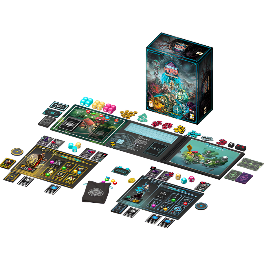 Children of Morta: The Board Game preorder display featuring game box, components, cards, tokens, and player boards arranged on a table.