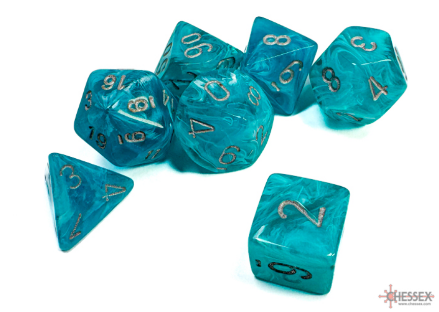Chessex Cirrus Aqua/Silver 7-die set featuring translucent aqua dice with silver numbering, ideal for tabletop gaming.