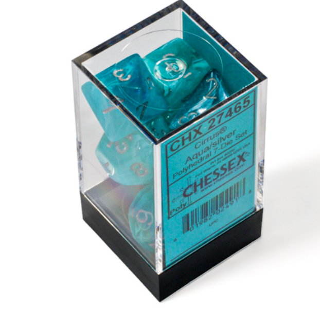 Chessex Cirrus Aqua/Silver 7-die set displayed in a clear box, featuring vibrant aqua dice with silver numbering.