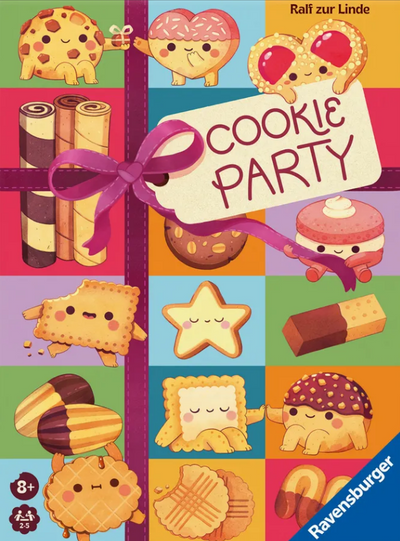Colorful box cover of Cookie Party board game featuring various cute cookie illustrations and a ribbon. Suitable for ages 8 and up.