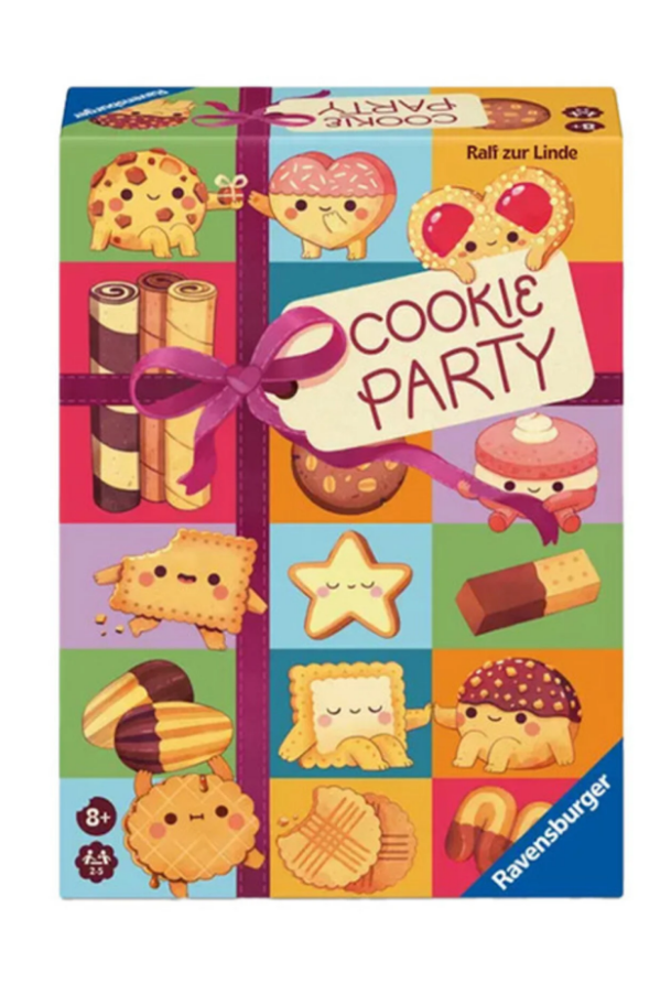 Colorful box of the board game Cookie Party featuring various cute cookie illustrations and a ribbon design.