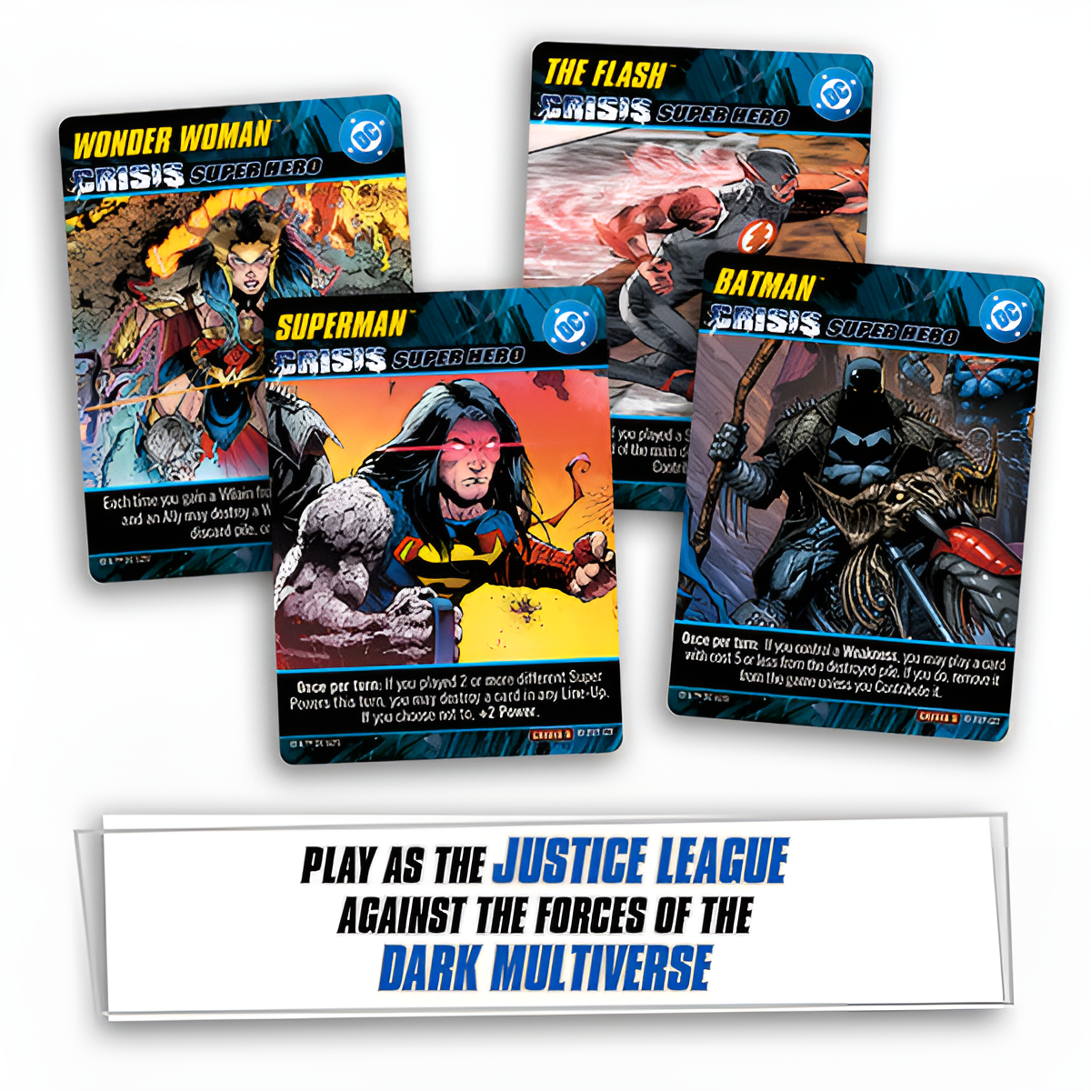 DC Comics DBG Crisis Expansion Pack 5 features cards for Wonder Woman, The Flash, Superman, and Batman for gameplay.