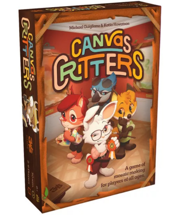 Colorful board game box for "Canvas Critters," featuring cute animal characters and the tagline about mosaic making.