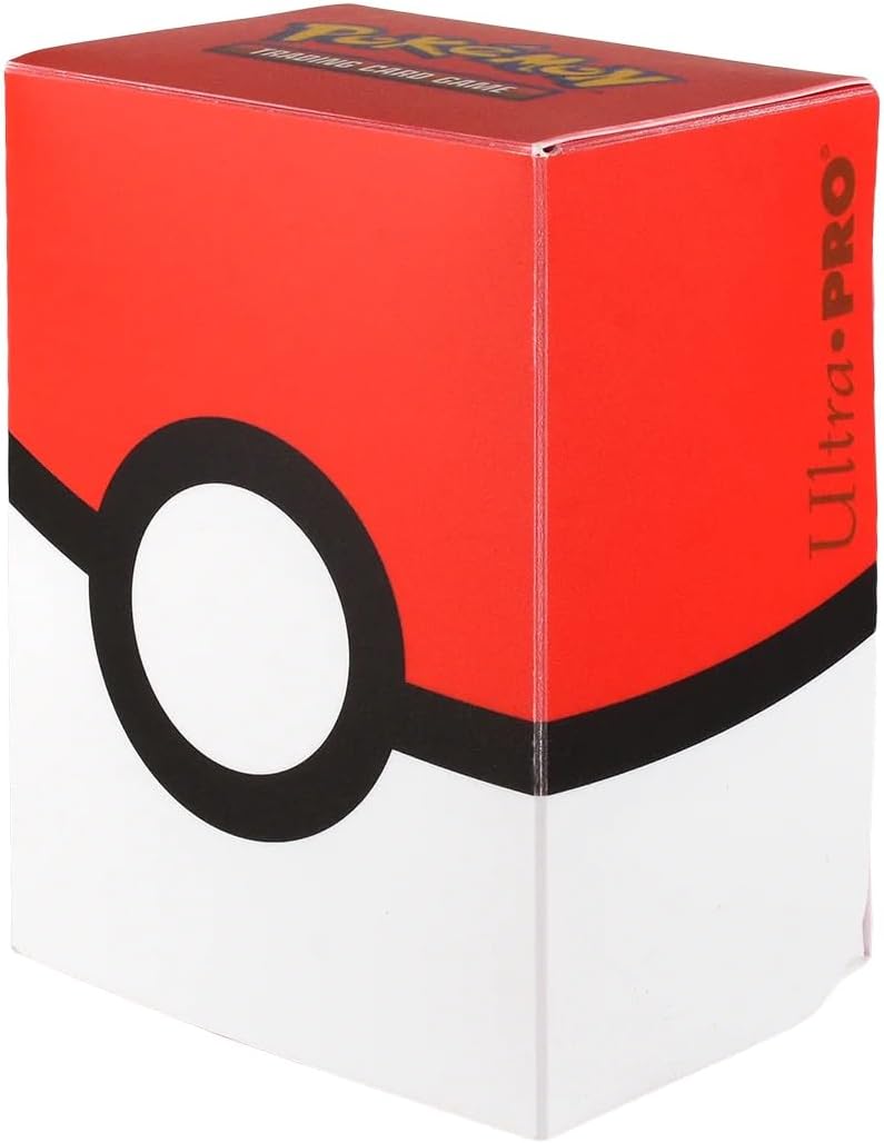 Red and white PRO 80+ deckbox designed for Pokémon cards, featuring a Pokéball design for secure card storage.