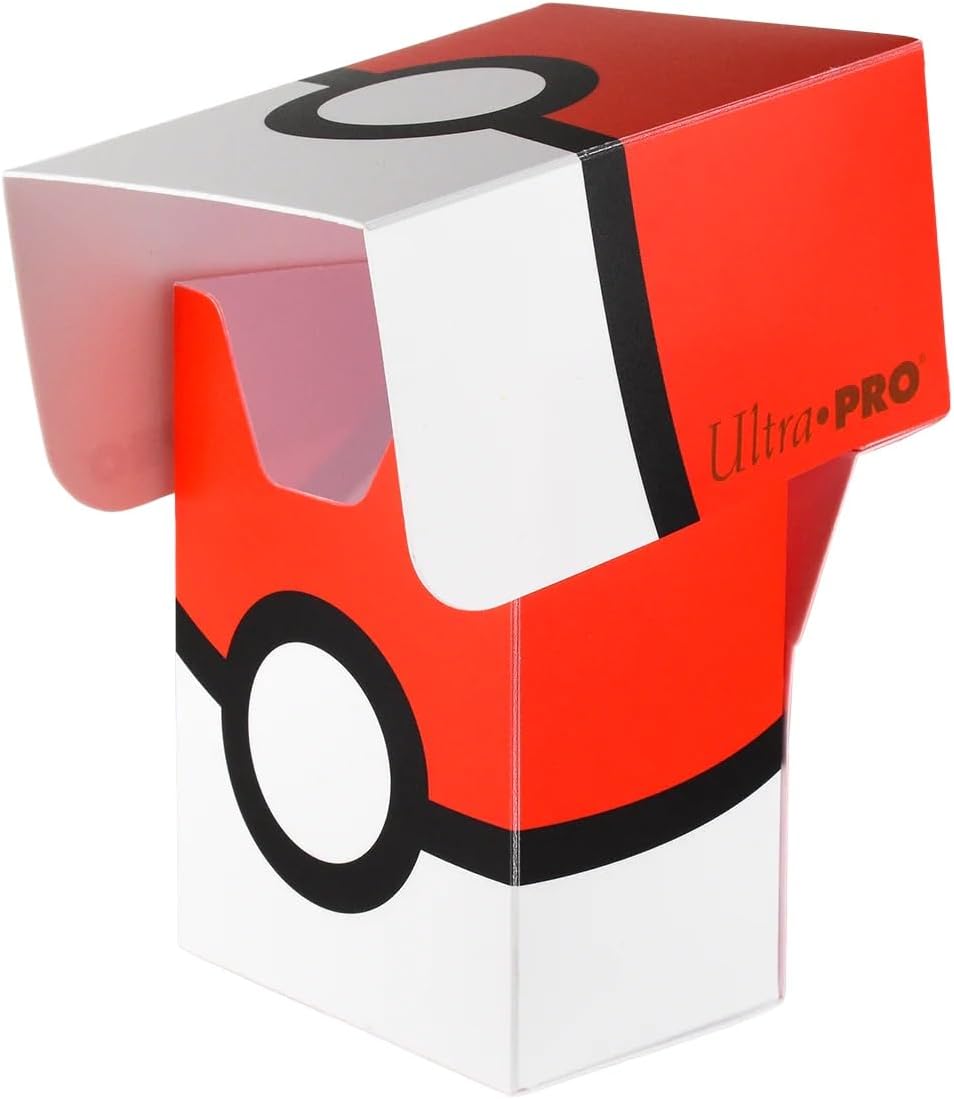 Red and white deck box designed like a Pokeball, featuring a top flap and logo from Ultra PRO for card storage.