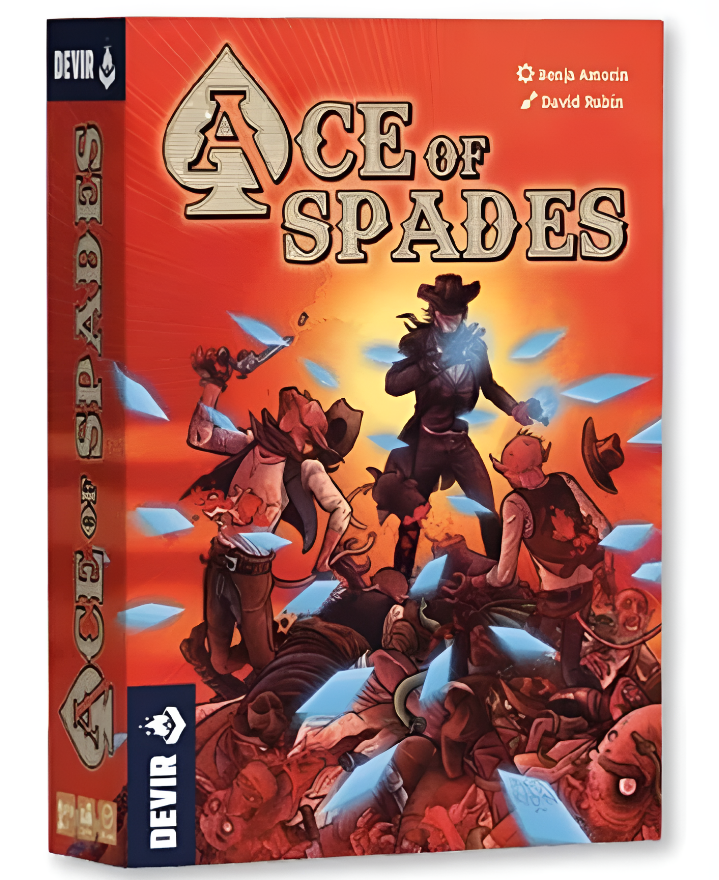 Ace of Spades board game box featuring a cowboy and bandits in a dramatic showdown with glowing cards.